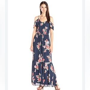 Joie 100% Silk Annada Navy Blue Floral Maxi Cold Shoulder Dress Size Medium